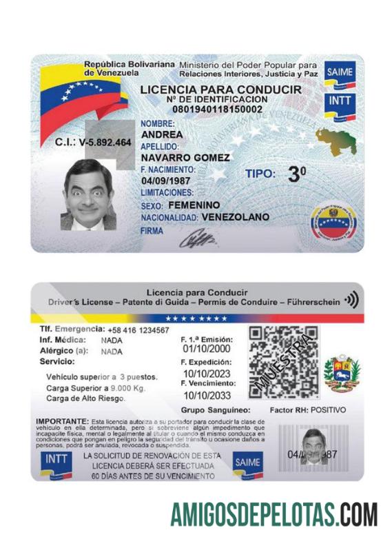 Carteira de motorista da Venezuela 2023 presente exemplo